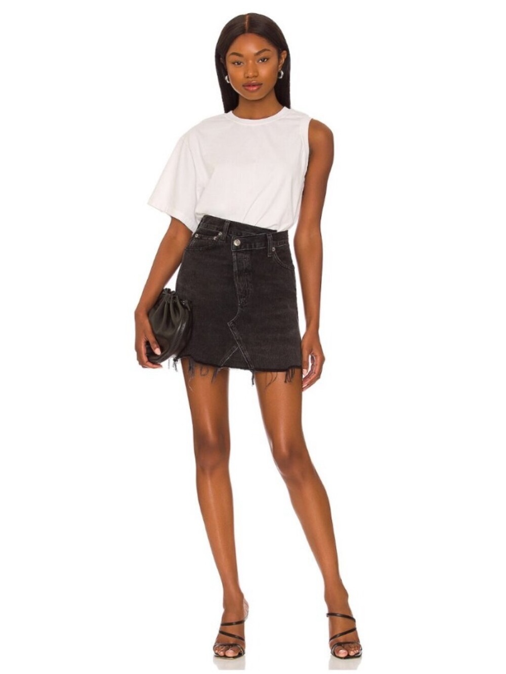 Agolde Black Washed Denim Mini Skirt with Frayed Hem